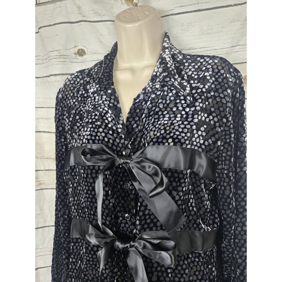 Samuel Dong Velvet Burnout Tie Front Top Womens Large Dot Print Whimsigoth Black - Picture 3 of 9